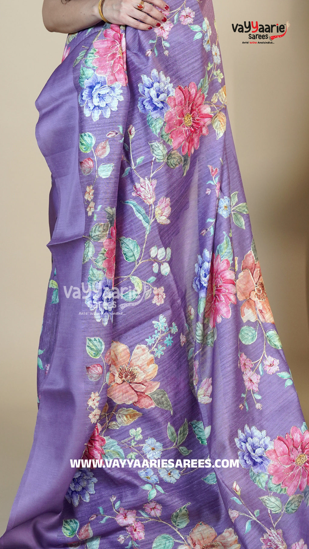 Lavender Tussar Silk Saree with Floral Prints | Elegant Designer Tussar Saree | Vayyaarie Sarees