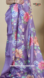 Lavender Tussar Silk Saree with Floral Prints | Elegant Designer Tussar Saree | Vayyaarie Sarees