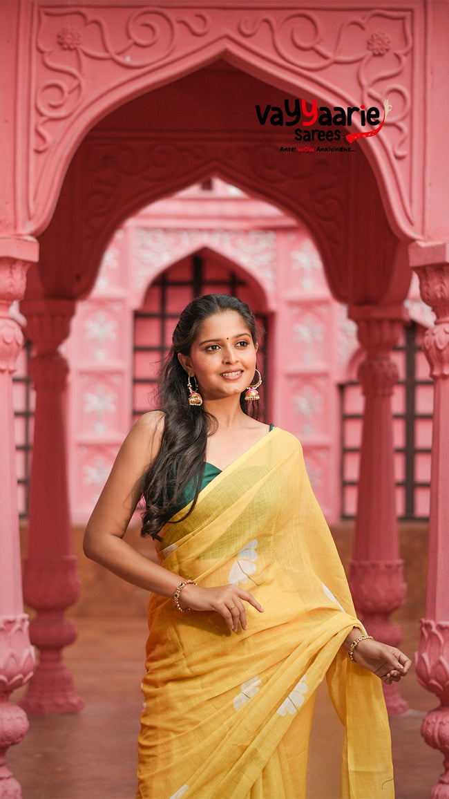 Lemon Yellow Semi Linen Saree with Floral Prints | Lightweight Casual & Festive Saree | Vayyaarie Sarees Main Image