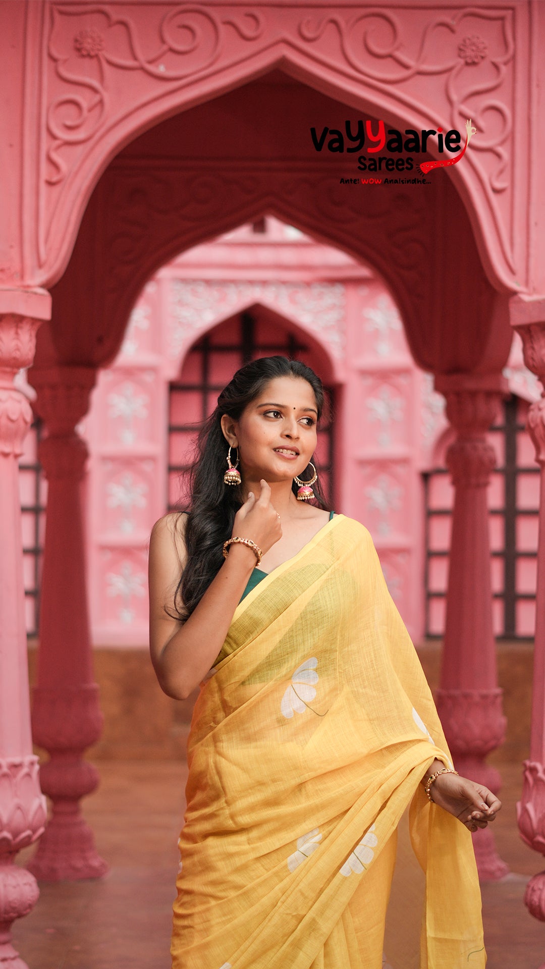 Lemon Yellow Semi Linen Saree with Floral Prints | Lightweight Casual & Festive Saree | Vayyaarie Sarees