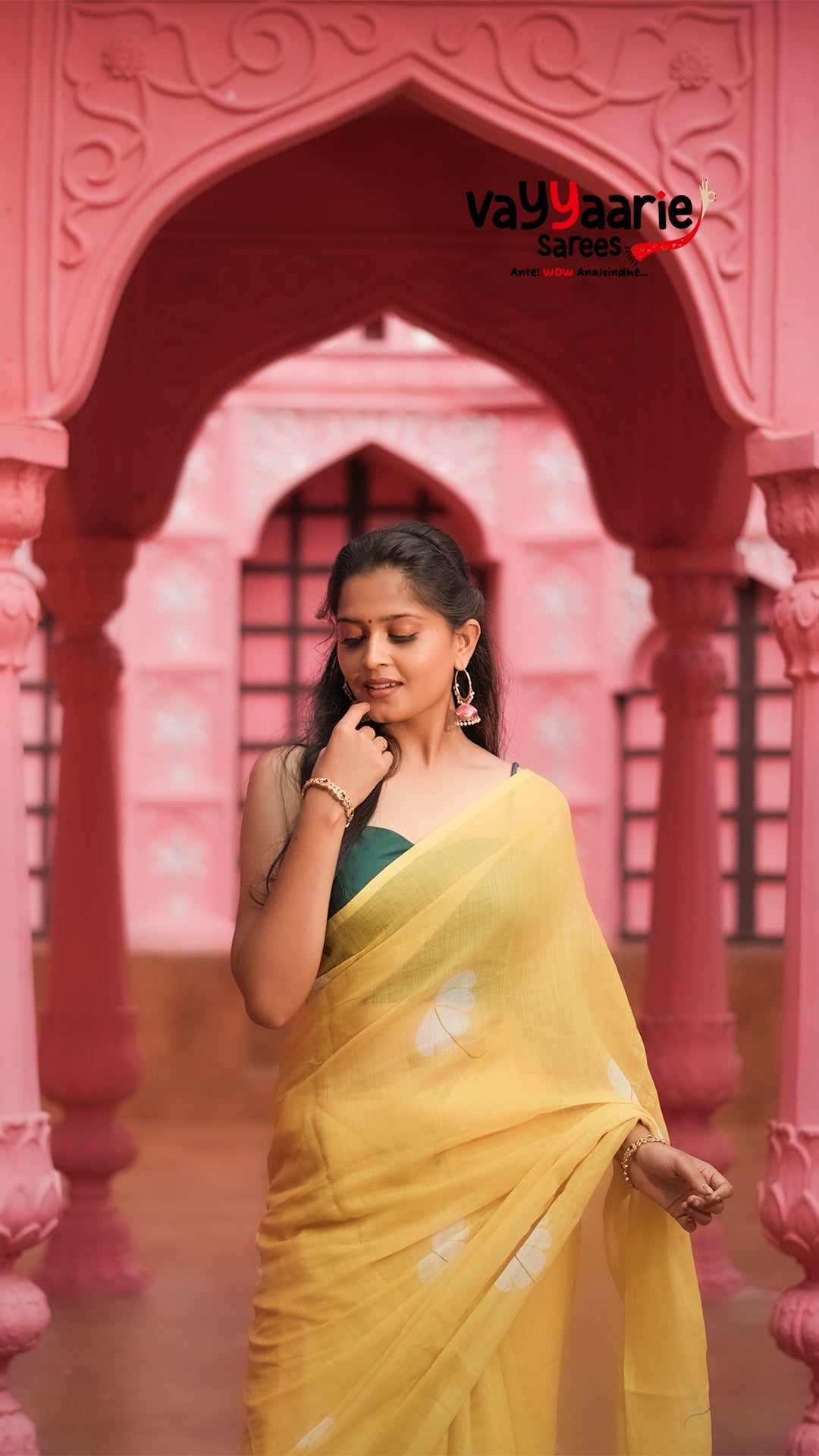 Lemon Yellow Semi Linen Saree with Floral Prints | Lightweight Casual & Festive Saree | Vayyaarie Sarees