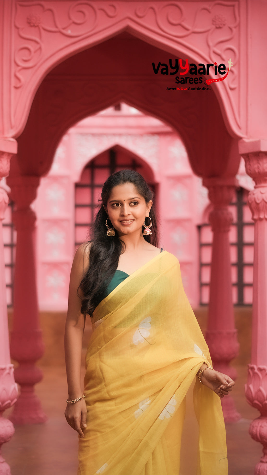 Lemon Yellow Semi Linen Saree with Floral Prints | Lightweight Casual & Festive Saree | Vayyaarie Sarees