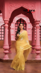 Lemon Yellow Semi Linen Saree with Floral Prints | Lightweight Casual & Festive Saree | Vayyaarie Sarees