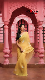 Lemon Yellow Semi Linen Saree with Floral Prints | Lightweight Casual & Festive Saree | Vayyaarie Sarees