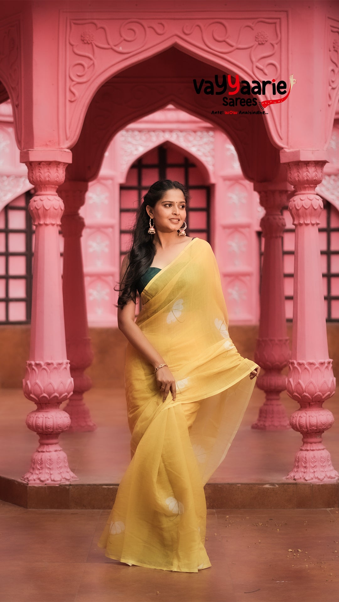 Lemon Yellow Semi Linen Saree with Floral Prints | Lightweight Casual & Festive Saree | Vayyaarie Sarees