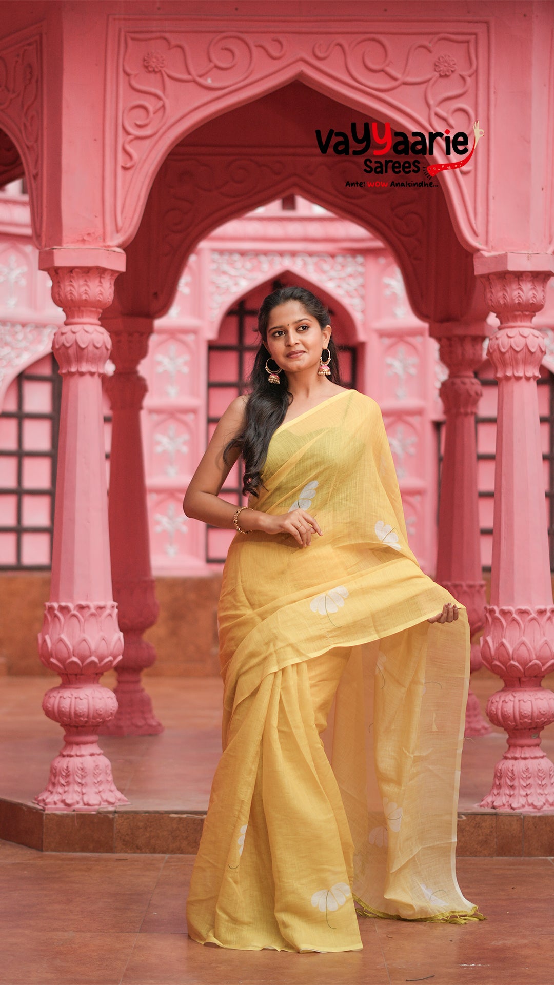 Lemon Yellow Semi Linen Saree with Floral Prints | Lightweight Casual & Festive Saree | Vayyaarie Sarees