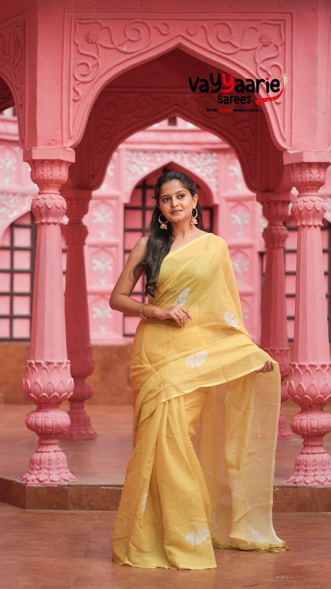 Lemon Yellow Semi Linen Saree with Floral Prints | Lightweight Casual & Festive Saree | Vayyaarie Sarees Hover Image