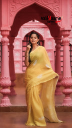 Lemon Yellow Semi Linen Saree with Floral Prints | Lightweight Casual & Festive Saree | Vayyaarie Sarees