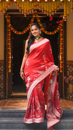 Red Banarasi Mushroom Silk Saree with Silver Floral Weaving | Elegant Festive & Wedding Saree | Vayyaarie Sarees
