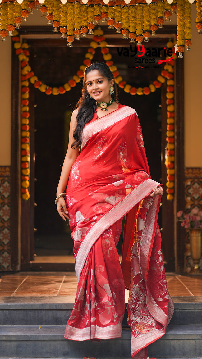 Red Banarasi Mushroom Silk Saree with Silver Floral Weaving | Elegant Festive & Wedding Saree | Vayyaarie Sarees Hover Image