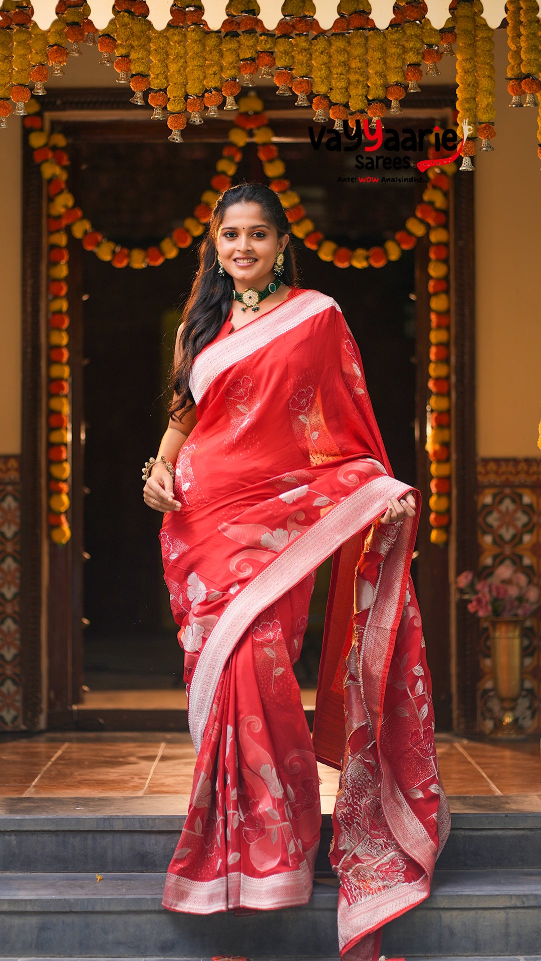 Red Banarasi Mushroom Silk Saree with Silver Floral Weaving | Elegant Festive & Wedding Saree | Vayyaarie Sarees