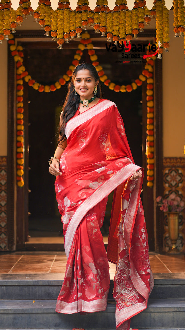 Red Banarasi Mushroom Silk Saree with Silver Floral Weaving | Elegant Festive & Wedding Saree | Vayyaarie Sarees Main Image