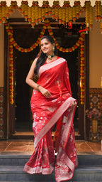 Red Banarasi Mushroom Silk Saree with Silver Floral Weaving | Elegant Festive & Wedding Saree | Vayyaarie Sarees