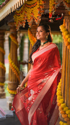 Red Banarasi Mushroom Silk Saree with Silver Floral Weaving | Elegant Festive & Wedding Saree | Vayyaarie Sarees