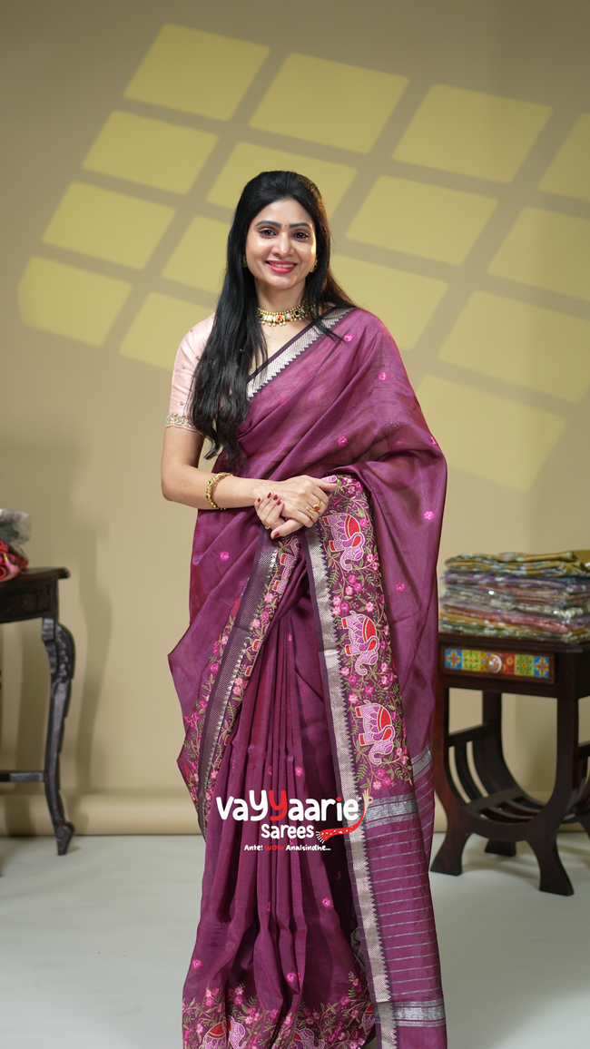 Wine Purple Tussar Silk Embroidered Saree Hover Image