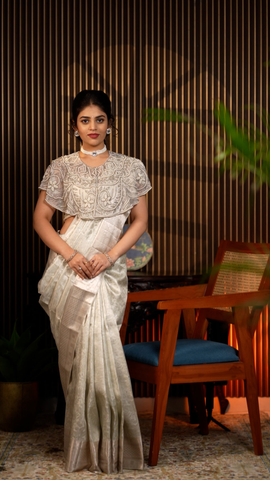 Silver Grey Floral Zari Saree for Weddings
