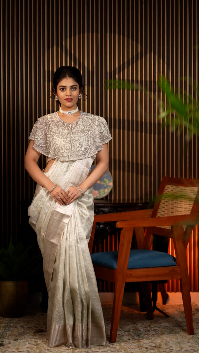 Silver Grey Floral Zari Saree for Weddings Hover Image