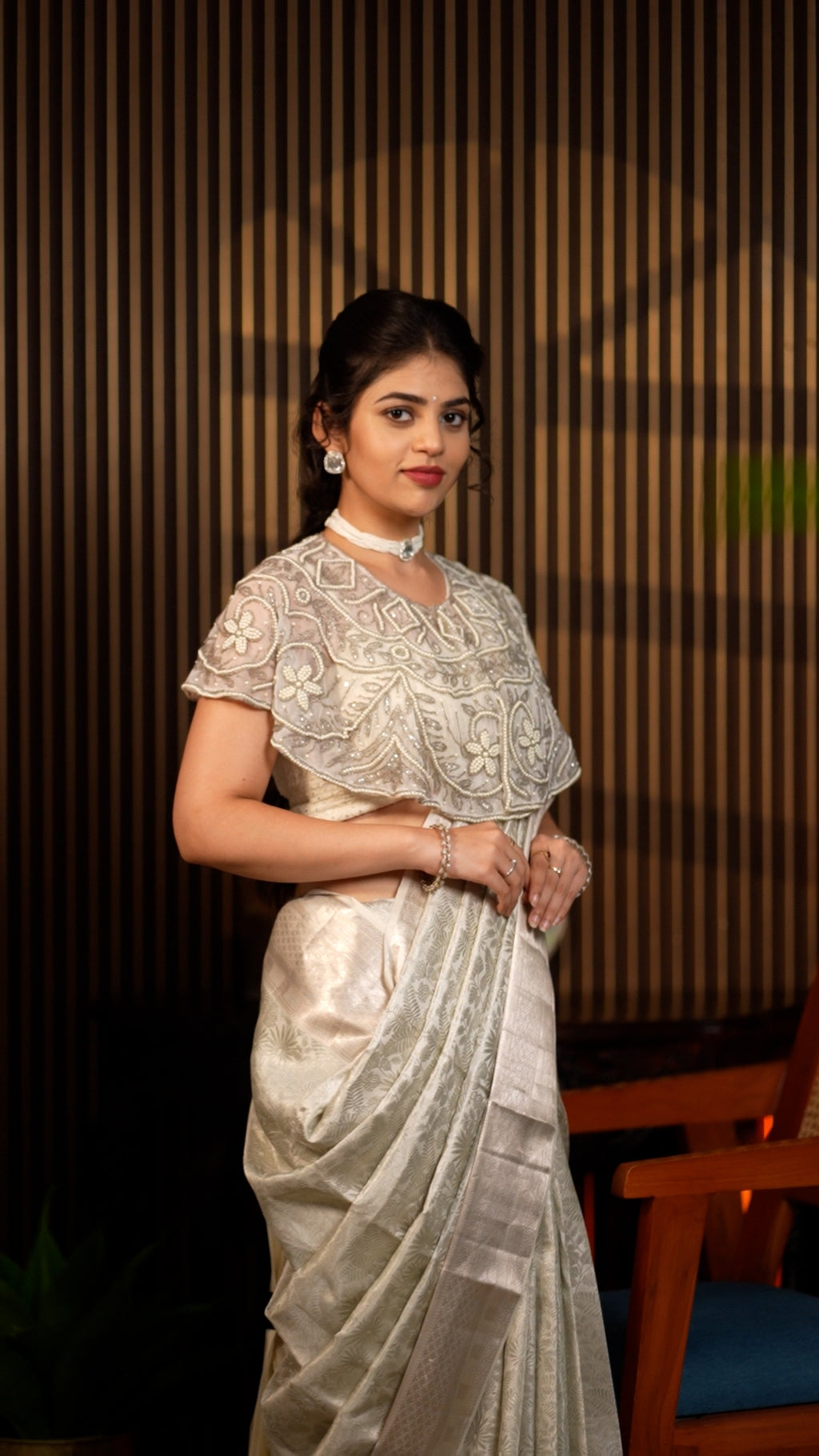 Silver Grey Floral Zari Saree for Weddings