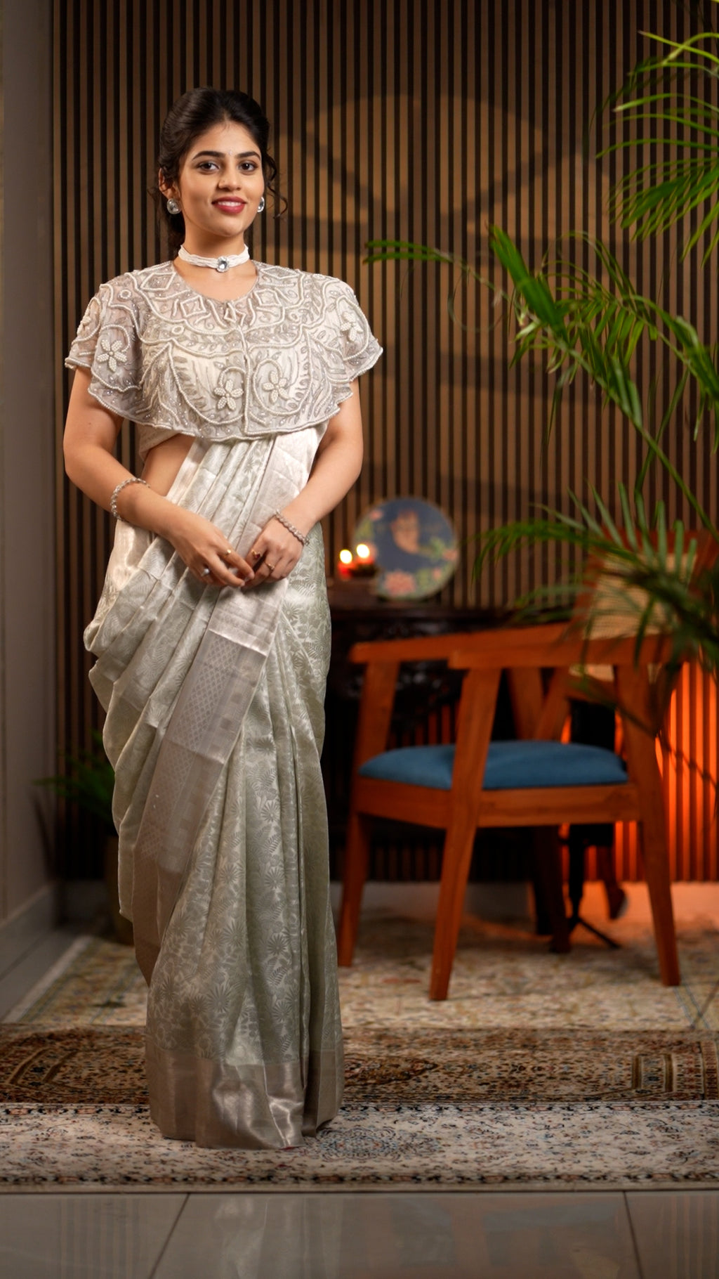 Silver Grey Floral Zari Saree for Weddings
