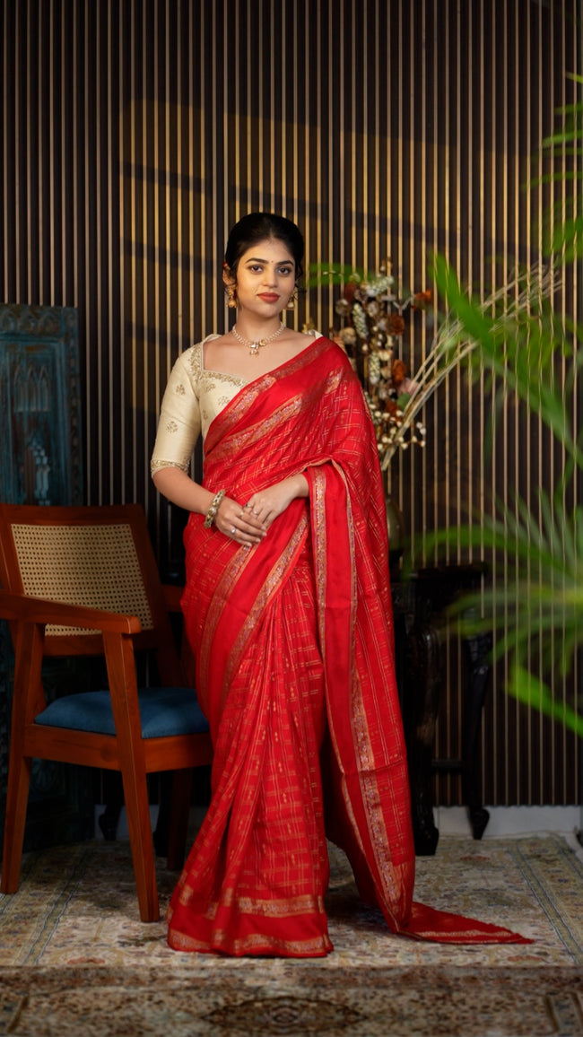 Red Checked Saree with Golden Zari Border Hover Image