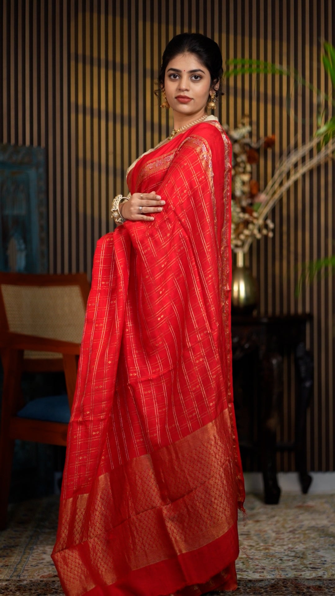 Red Checked Saree with Golden Zari Border