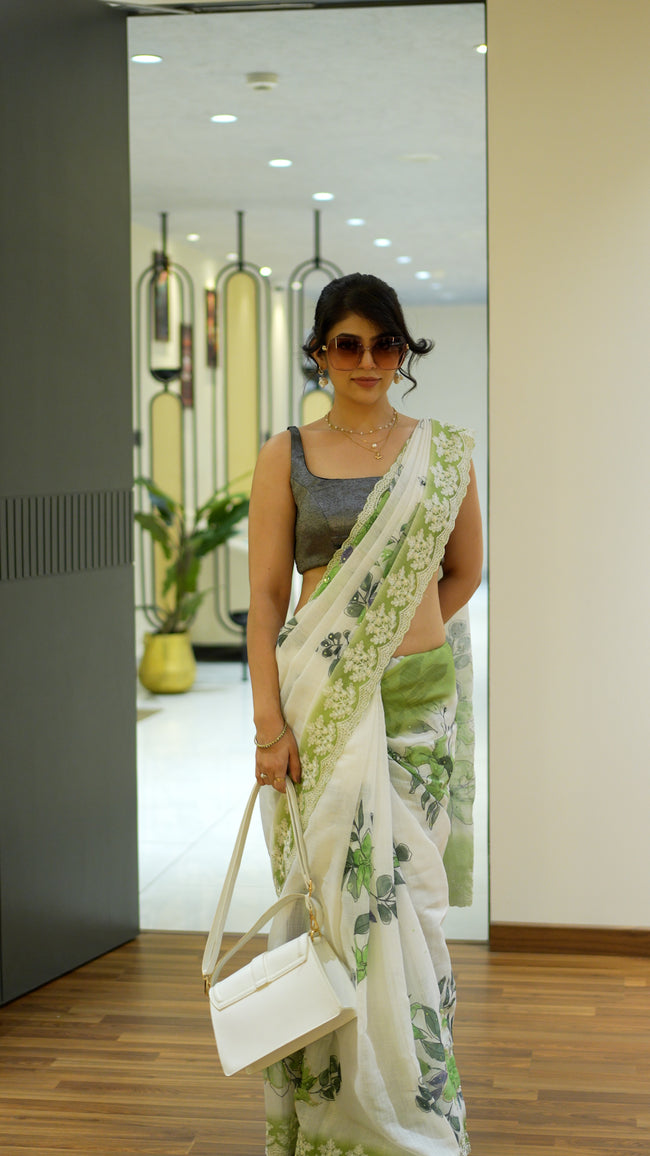 Green Semi Linen Handloom Saree for Festive Wear Hover Image