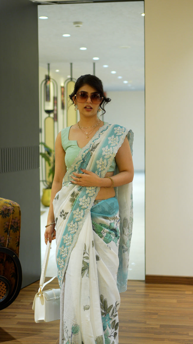 Sky Blue Semi Linen Handloom Saree for Ethnic Wear Hover Image