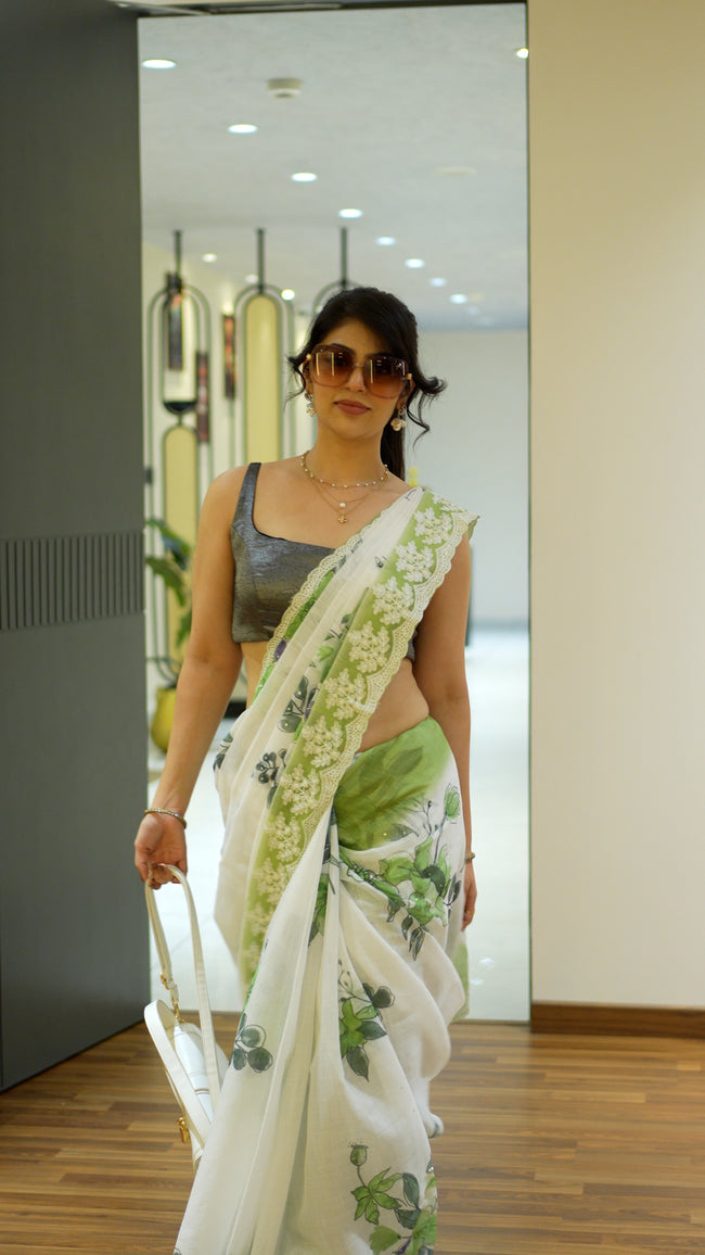 Green Semi Linen Handloom Saree for Festive Wear Main Image