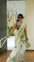 Green Semi Linen Handloom Saree for Festive Wear