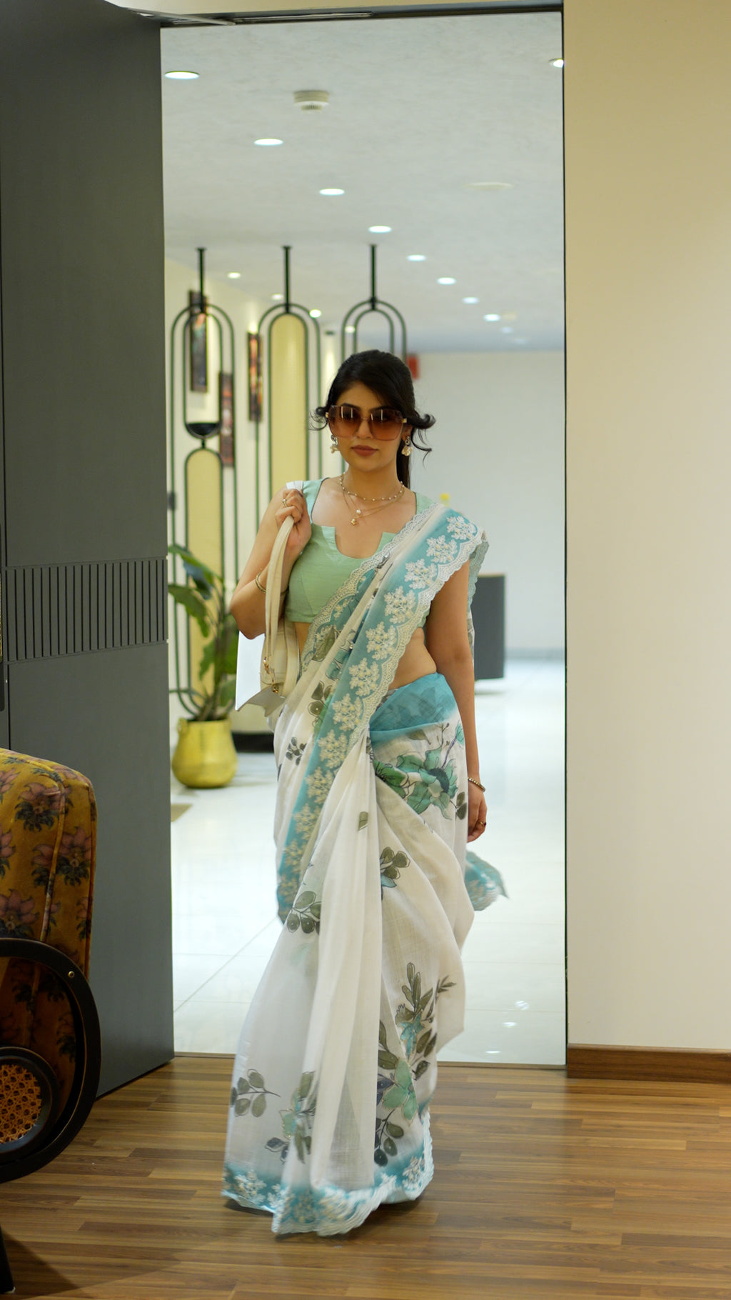 Sky Blue Semi Linen Handloom Saree for Ethnic Wear