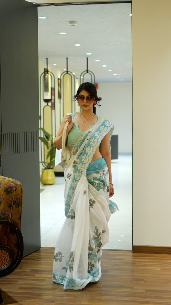 Sky Blue Semi Linen Handloom Saree for Ethnic Wear Main Image
