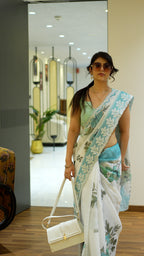 Sky Blue Semi Linen Handloom Saree for Ethnic Wear