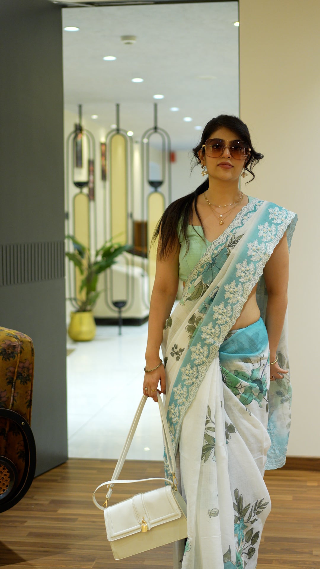 Sky Blue Semi Linen Handloom Saree for Ethnic Wear