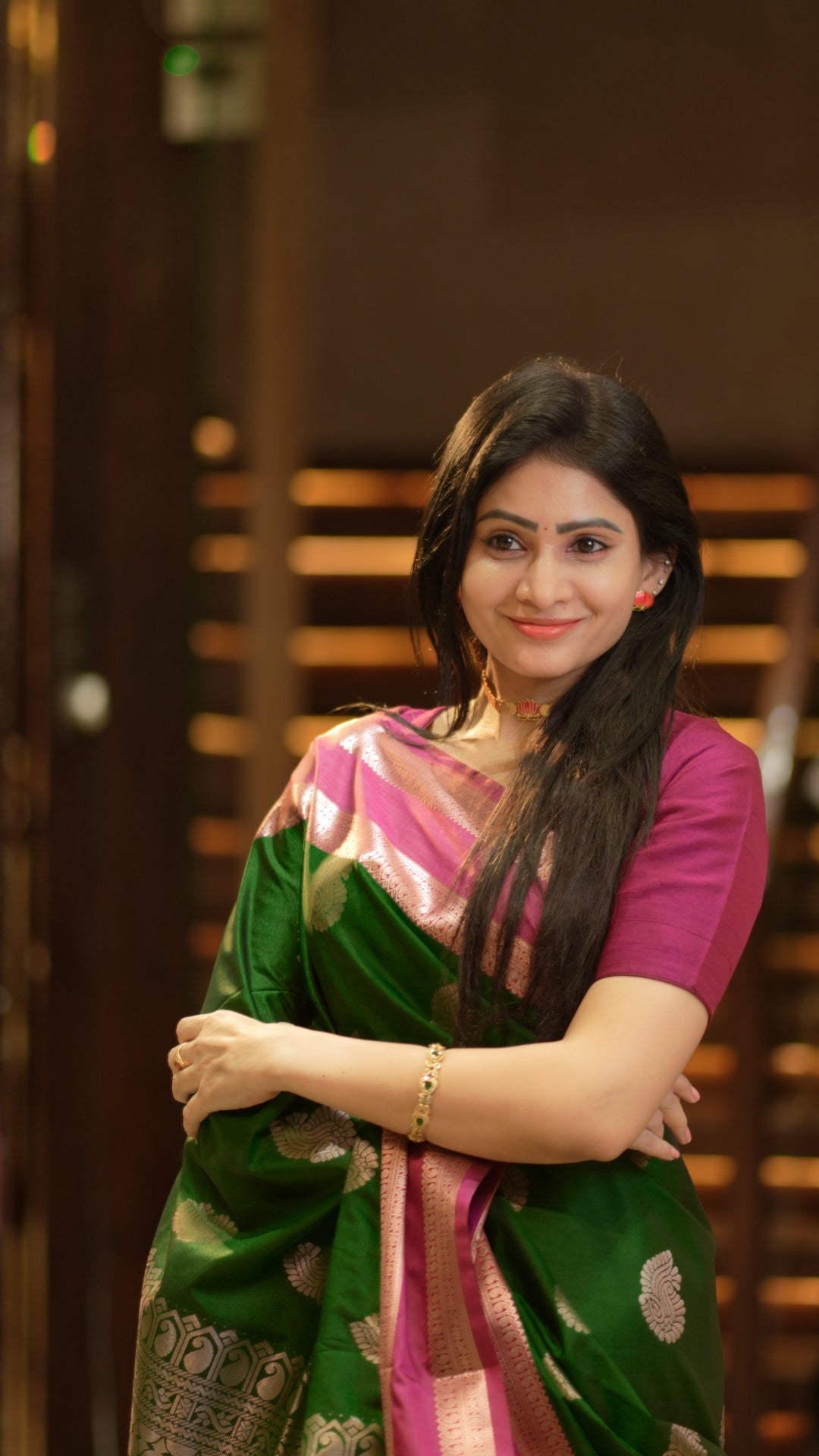 Green Pattu Saree with Pink Border