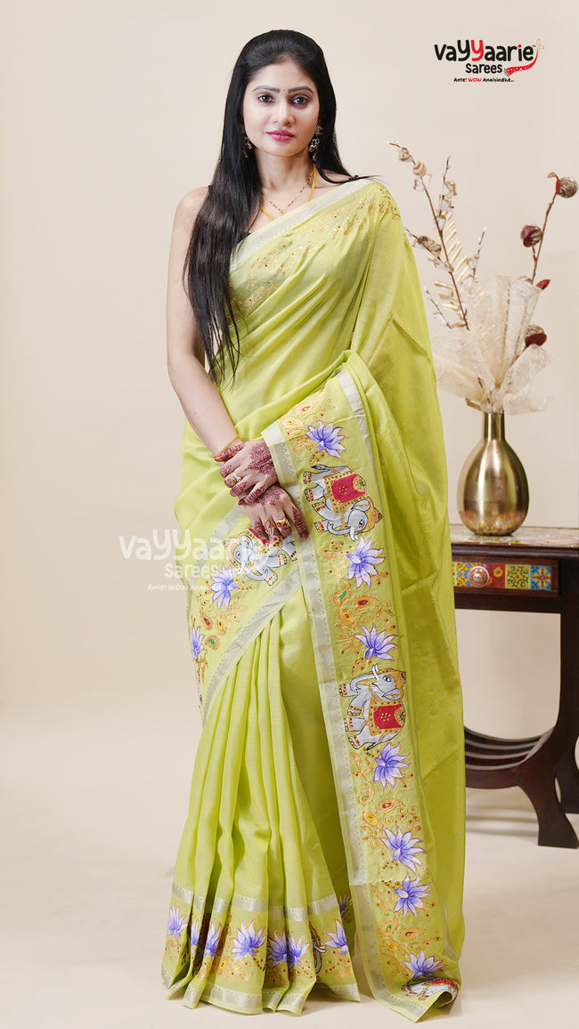 Parrot Green Mangalagiri Fancy Saree Online Hover Image