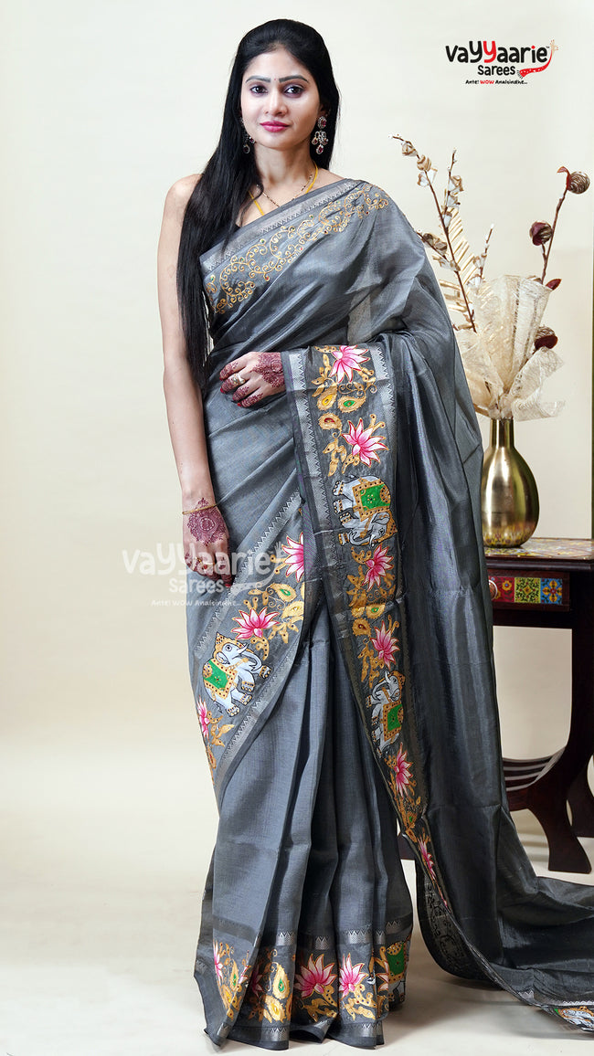 Grey Mangalagiri Fancy Saree for Occasions Hover Image