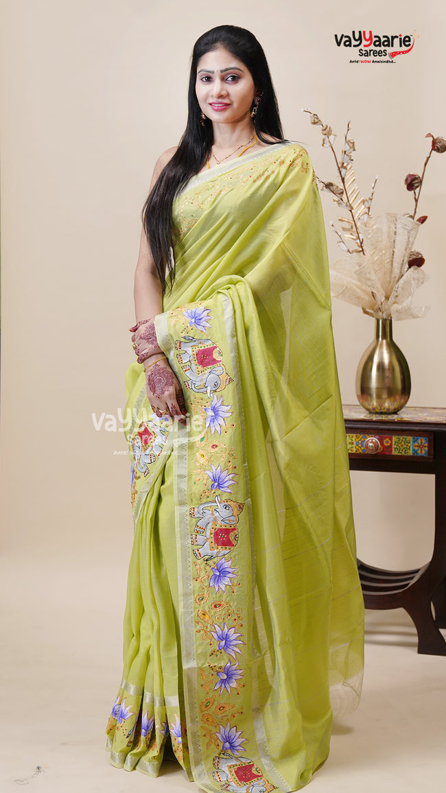 Parrot Green Mangalagiri Fancy Saree Online Main Image