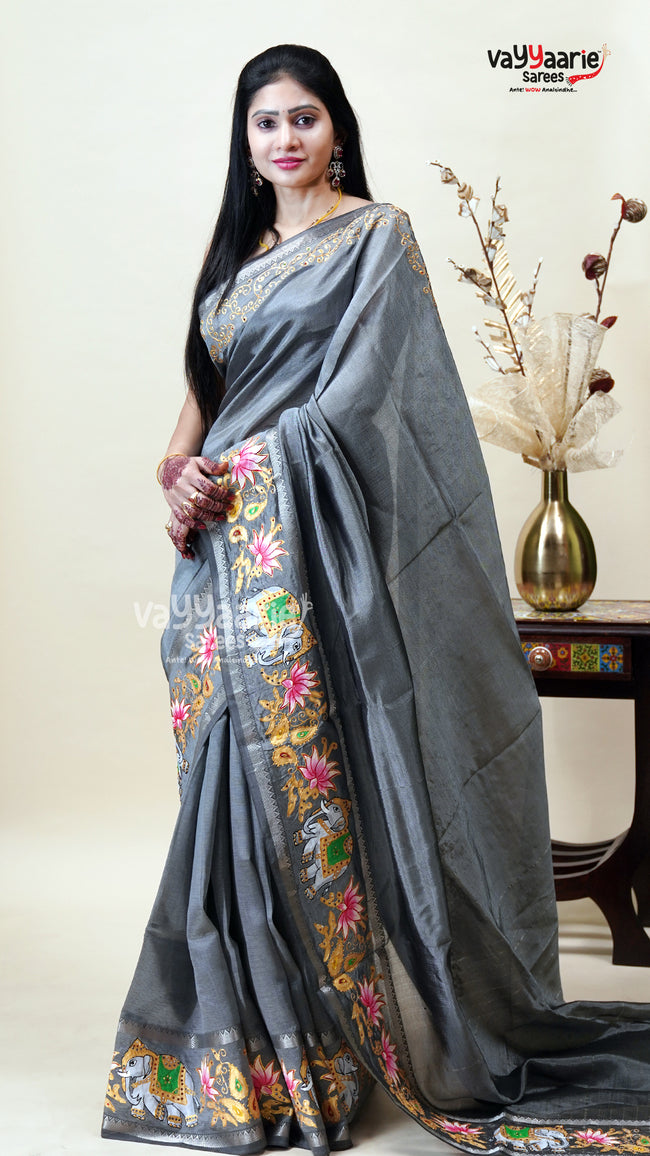 Grey Mangalagiri Fancy Saree for Occasions Main Image