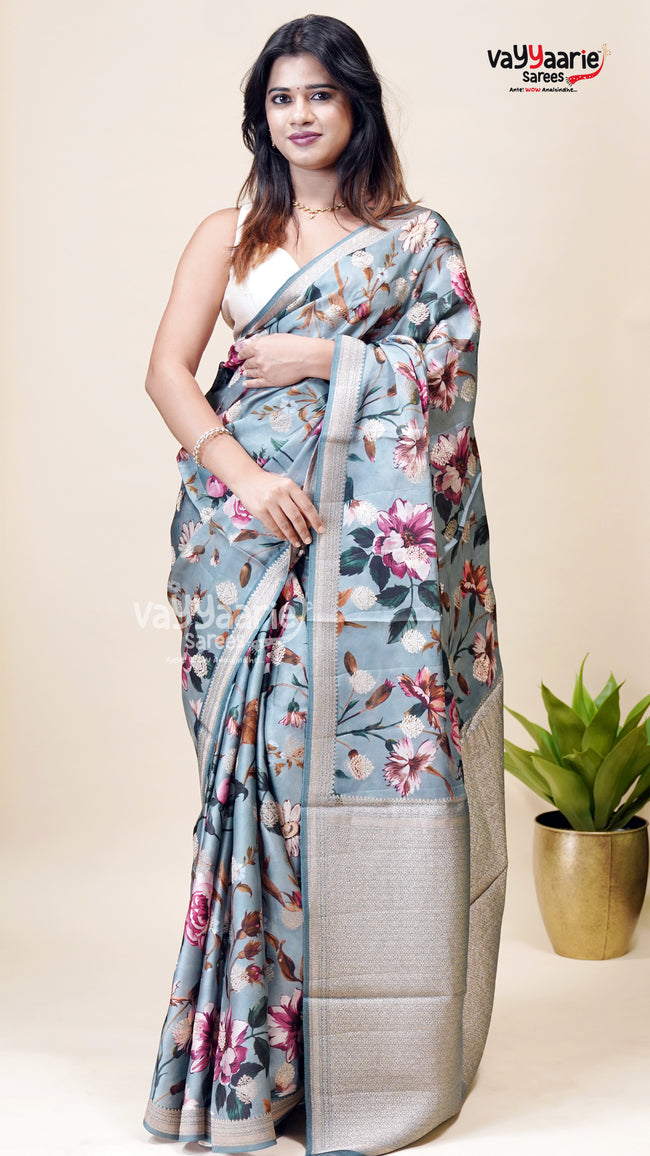 Grey Organza Saree for Gifting and Parties Hover Image