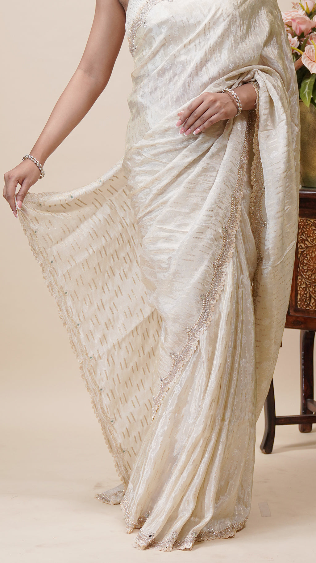 Cream Tusser Designer Saree for Daywear