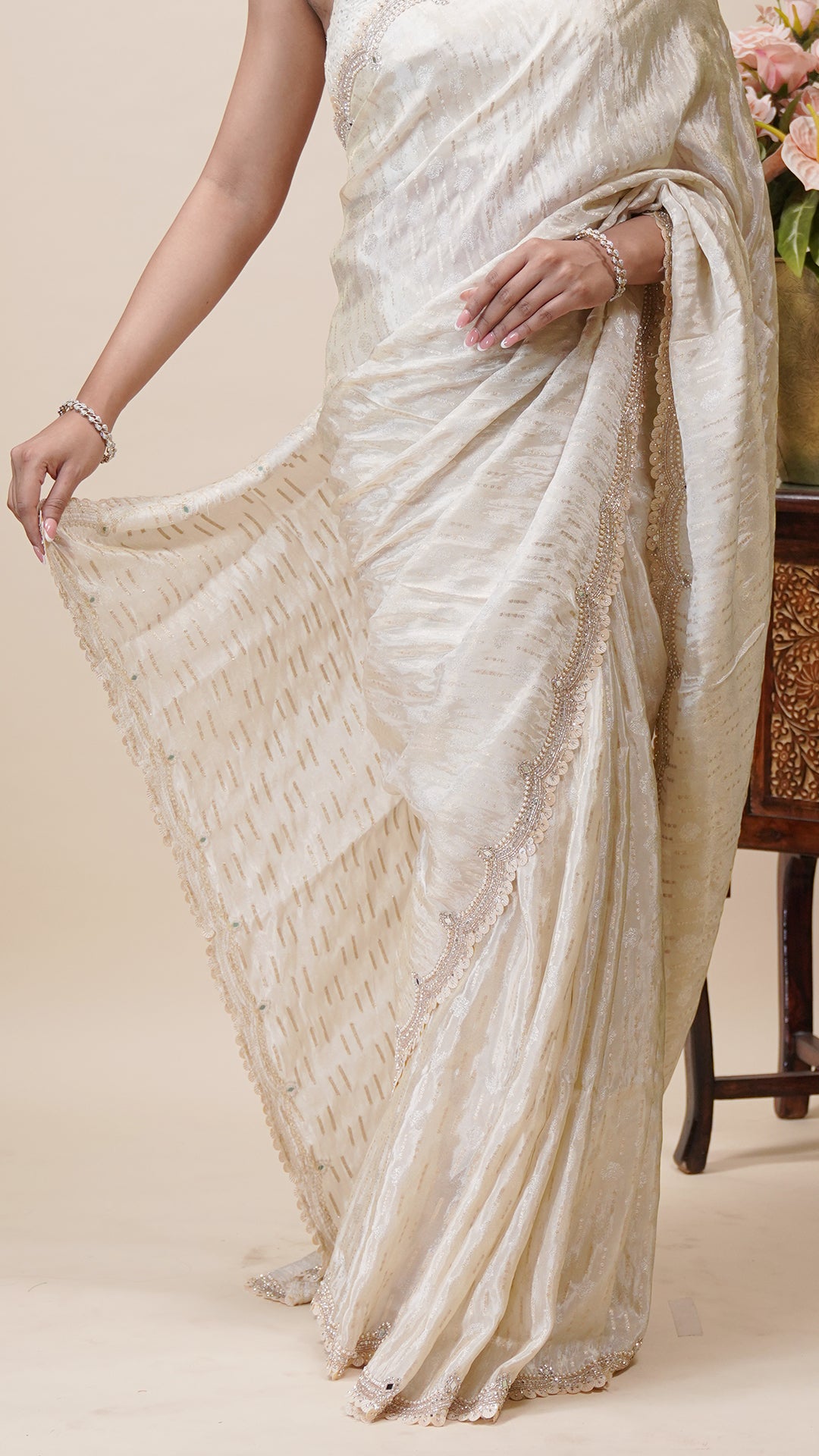 Cream Tusser Designer Saree for Daywear