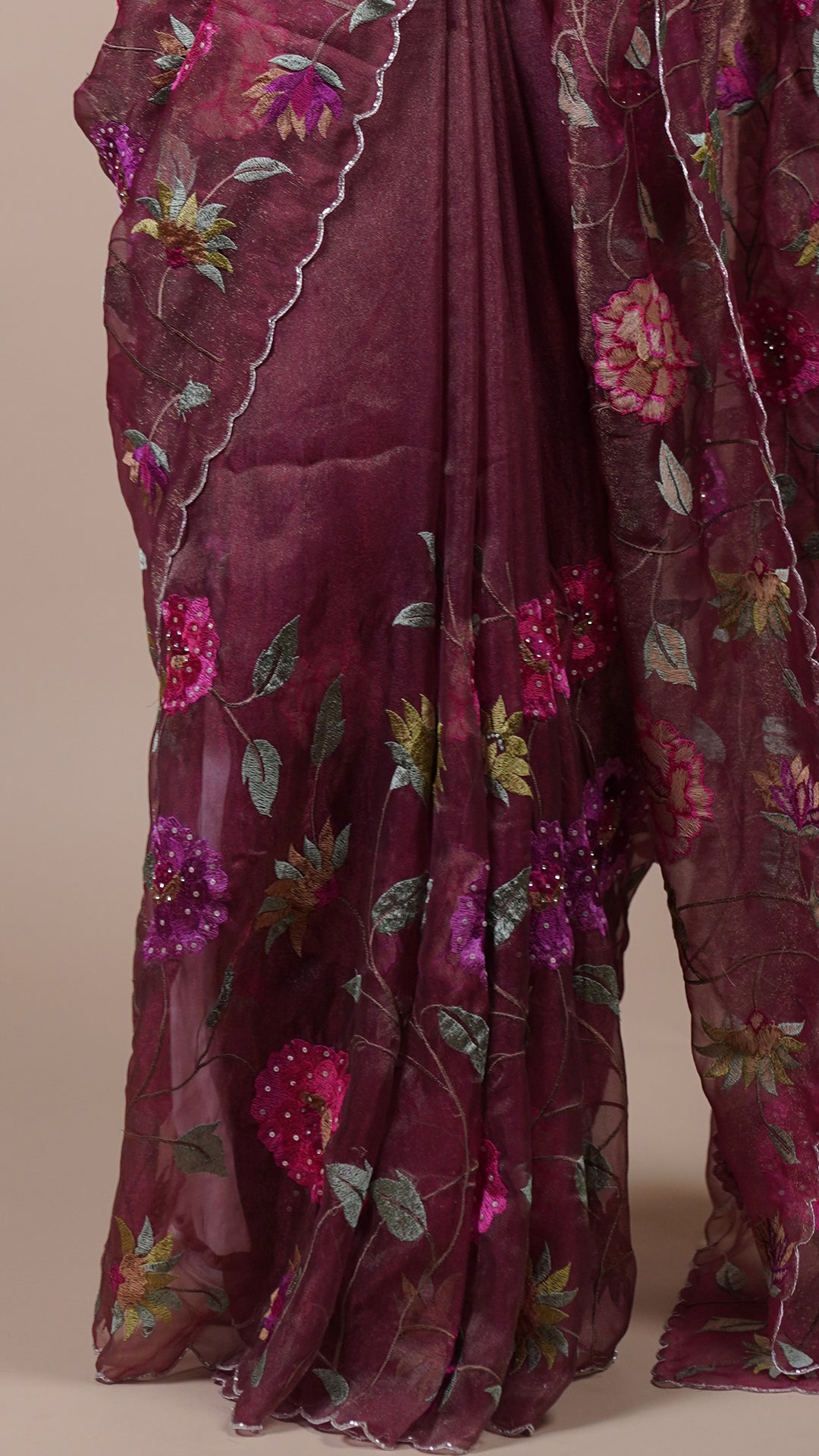 Maroon Tissue Fancy Saree for Reception Wear