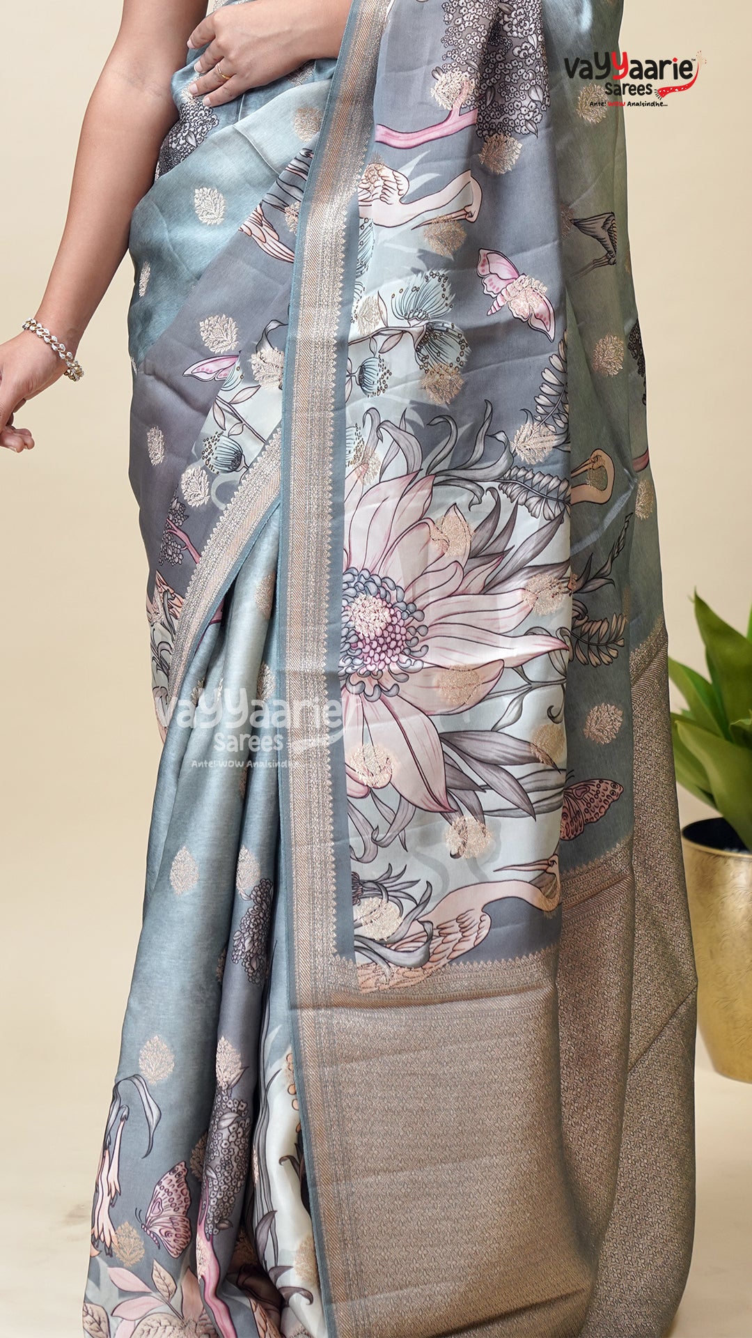 Grey Organza Fancy Saree for Women