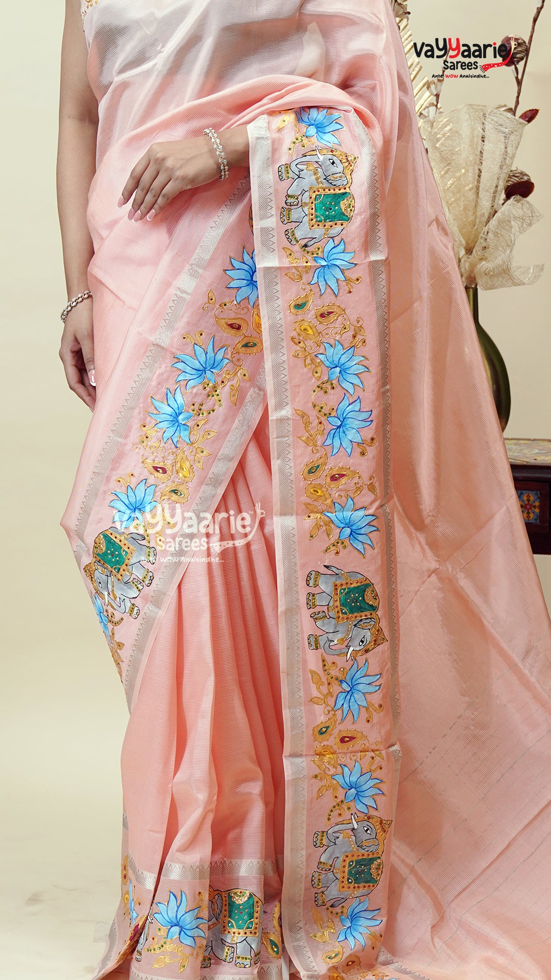 Peach Mangalagiri Fancy Saree for Women