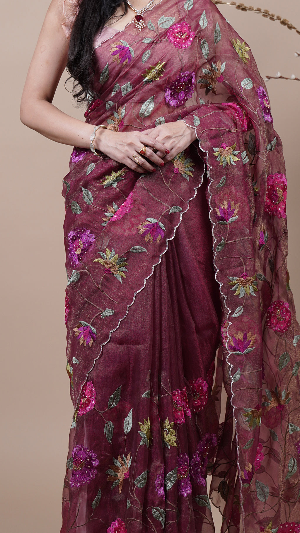 Maroon Tissue Fancy Saree for Reception Wear
