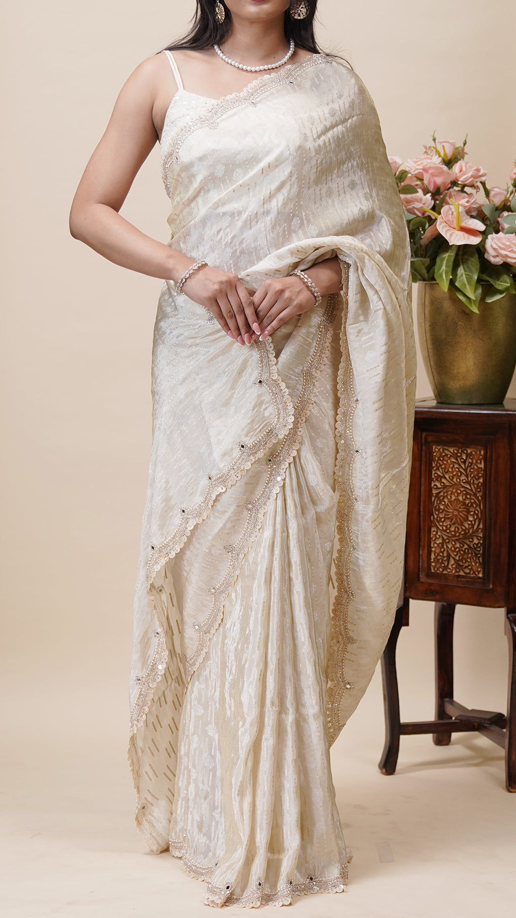 Cream Tusser Designer Saree for Daywear