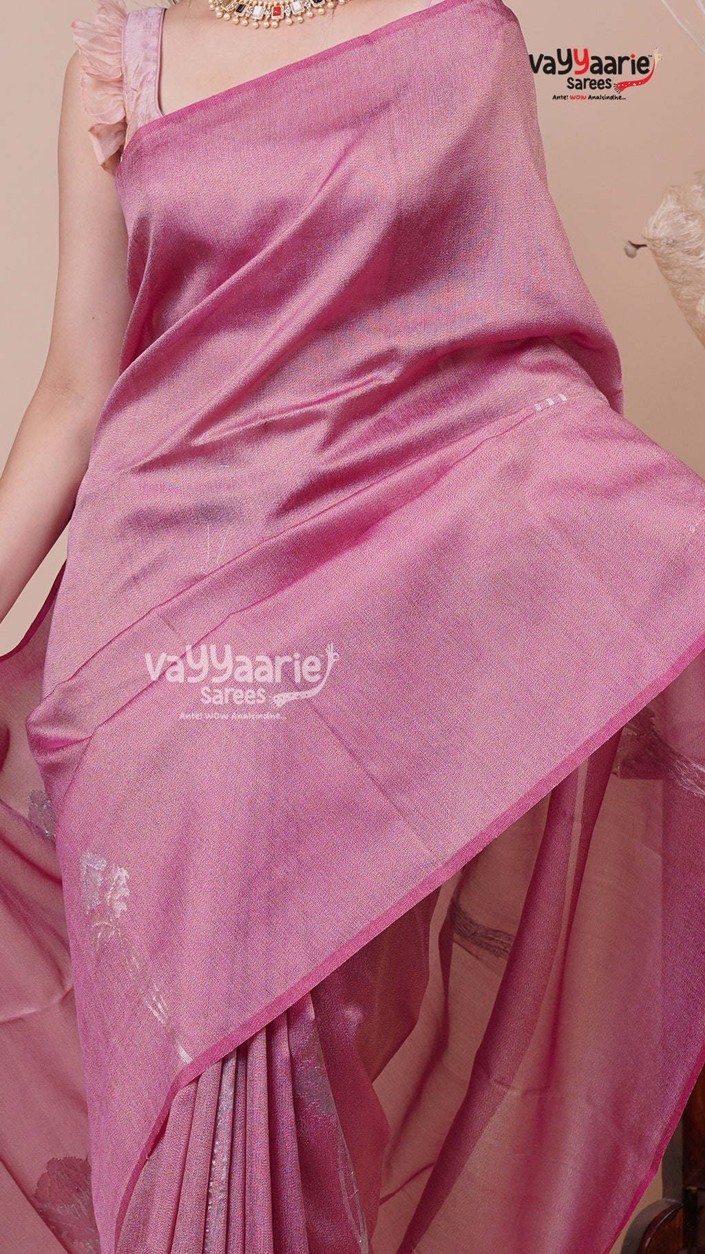 Tissue Saree in Onion Pink for Party Wear