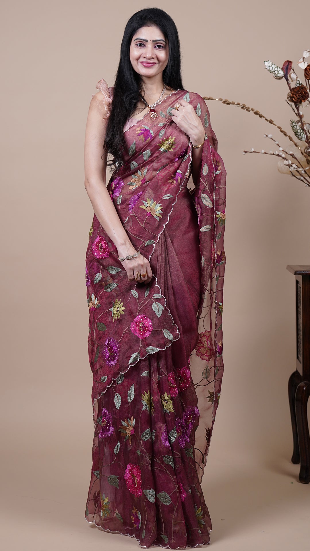 Maroon Tissue Fancy Saree for Reception Wear