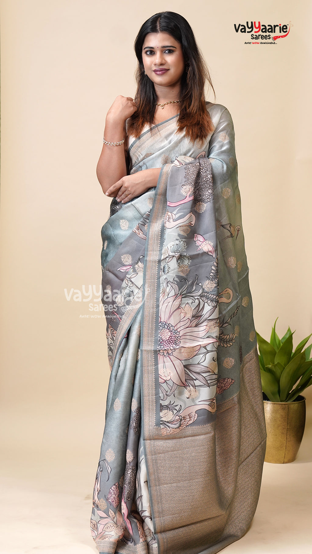 Grey Organza Fancy Saree for Women