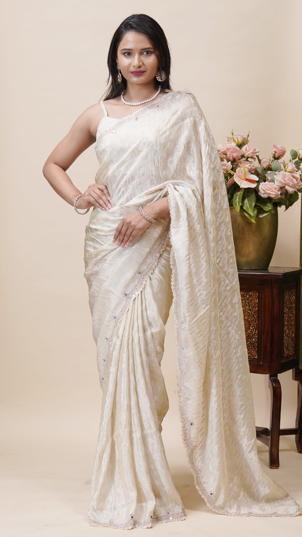 Cream Tusser Designer Saree for Daywear
